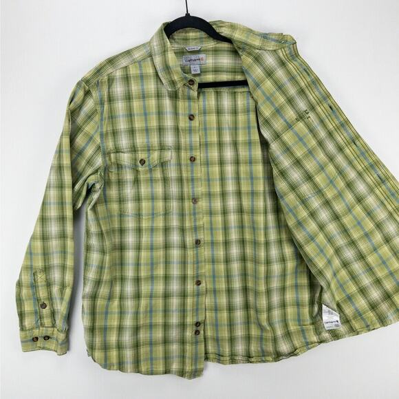 Carhartt Plaid Long Sleeve Men's Large Relaxed Fit Green Blue Button Up Casual - Picture 6 of 12